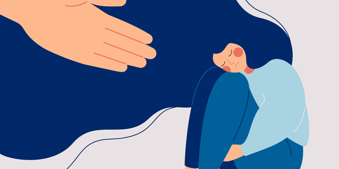 Human hand helps a sad lonely woman to get rid of depression